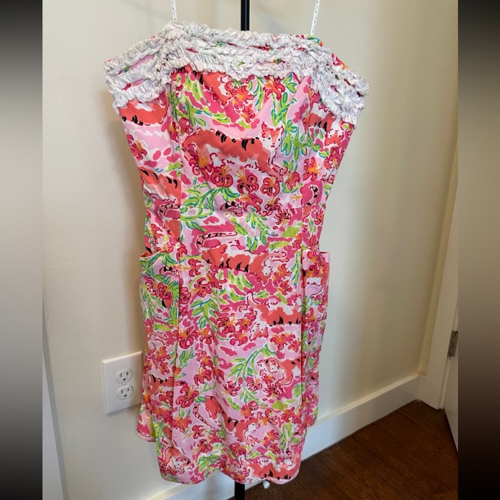 Lilly Pulizter strapless call me kitty cat dress size 8 pink tiger ruffle top
